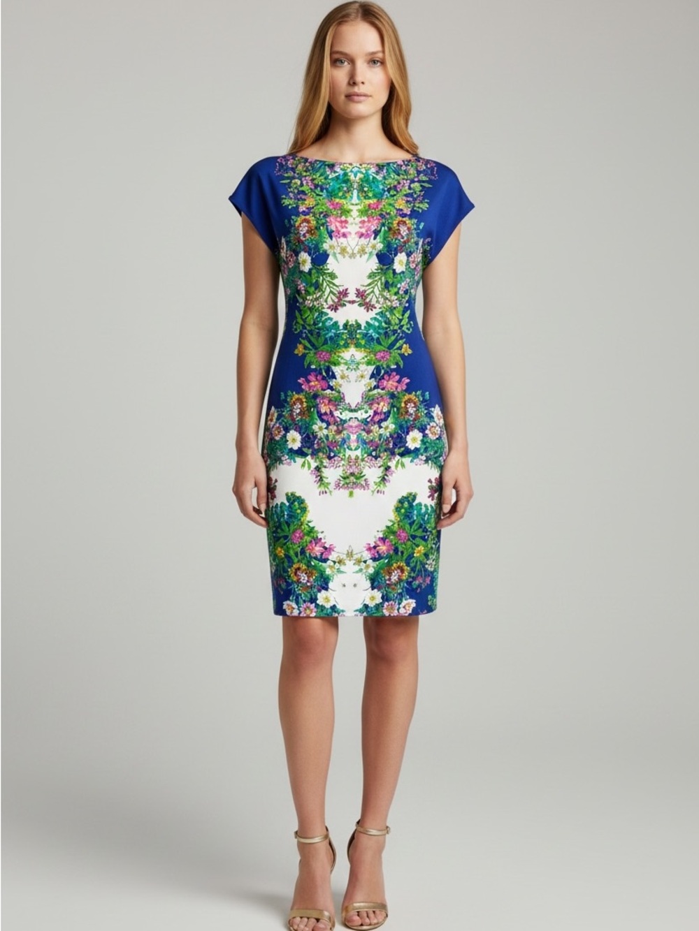Zara Blue and White Floral Mirror-Print Silk Dress